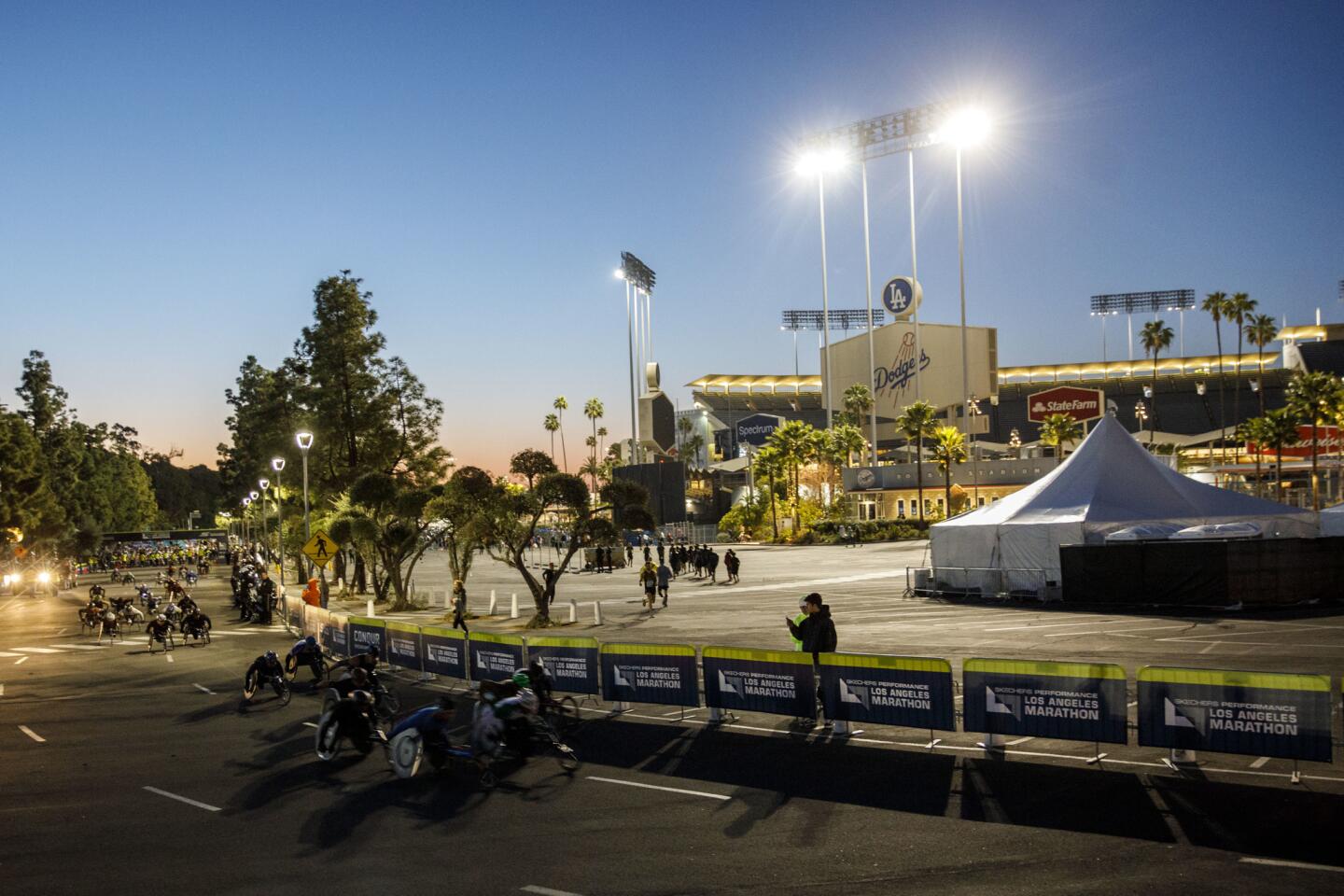 Wheelchair racers start the L.A. Marathon at Dodger Stadium on March 18.