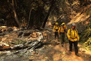 MOUNT BALDY, CA - SEPTEMBER 12, 2024 - Asst. Chief Shawn Cate, right, and his crew with Mount Baldy Fire Department, survey the damage to homes from the Bridge fire along Bear Canyon Road in Mount Baldy on September 12, 2024. (Genaro Molina/Los Angeles Times)