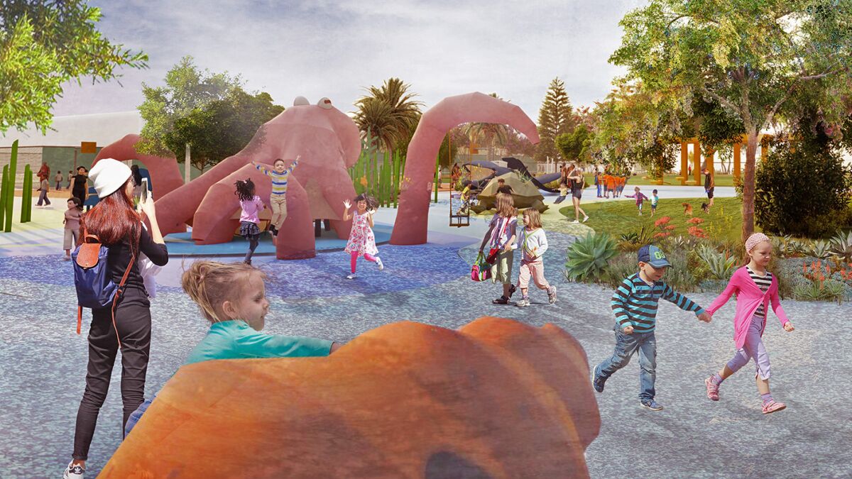La Jolla Recreation Center's proposed and envisioned new playground with a seascape theme reflects the committee's 'years of studying playground trends and progressive ideas in playgrounds to make our playground truly special,' said co-chair Jill Peters. These plans were announced in February 2020.