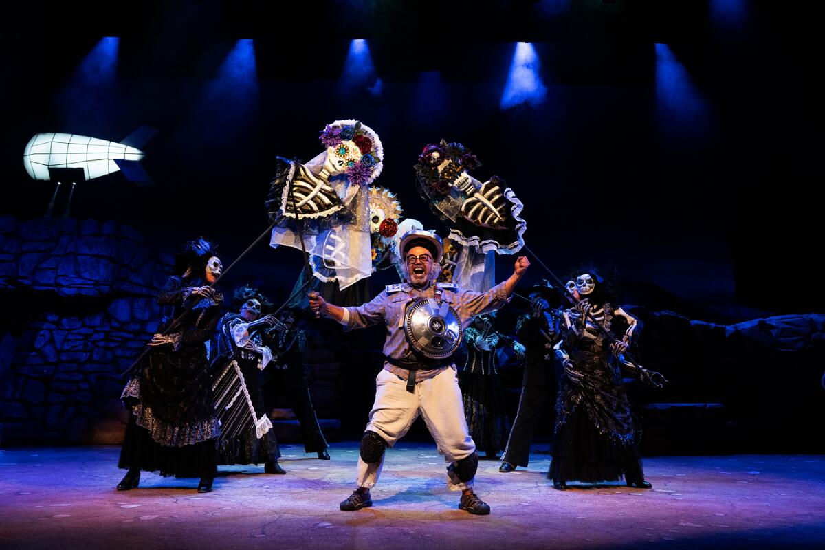 A man holding a shield with his arm spread out while skeleton puppets surround him.