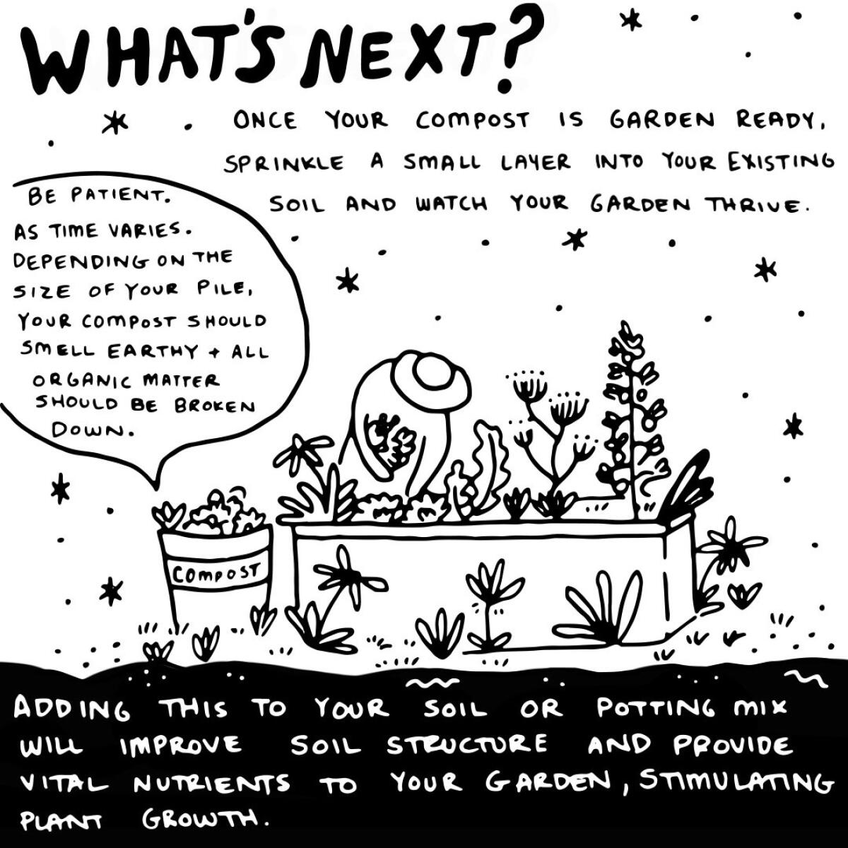"What's next? Once your compost is garden ready, sprinkle a small layer into your existing soil"
