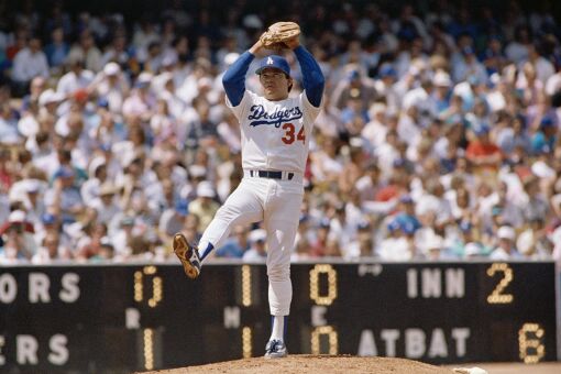 Los Angeles Dodger pitcher Fernando Valenzuela pitches at Dodger Stadium.