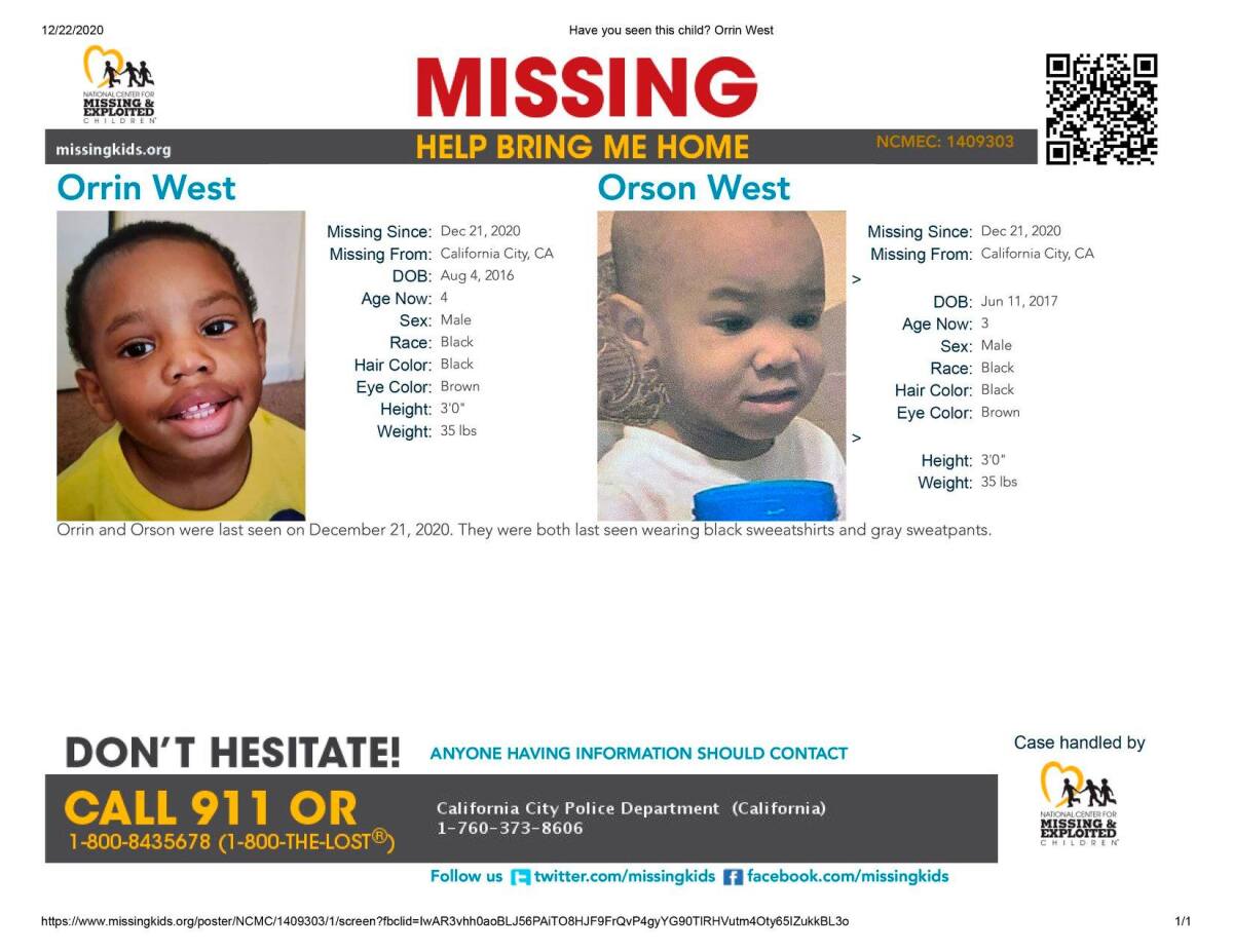 An online missing children sign for Orrin, 4, and Orson West, 3