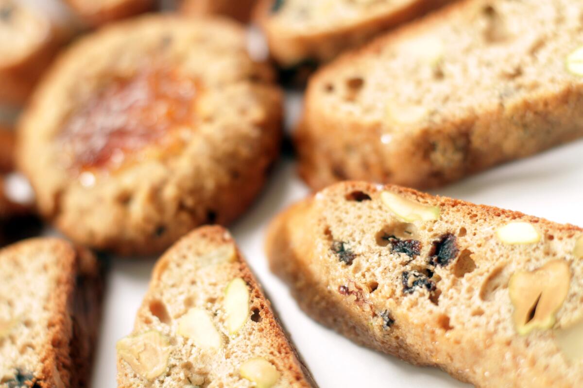 Holiday Spelt Biscotti around a Barley Thumbprint with honey and hazelnuts.