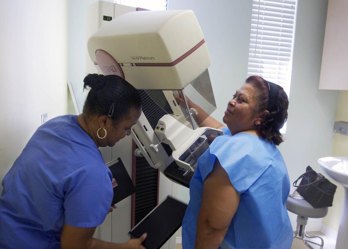 A patient is readied for a mammogram. 