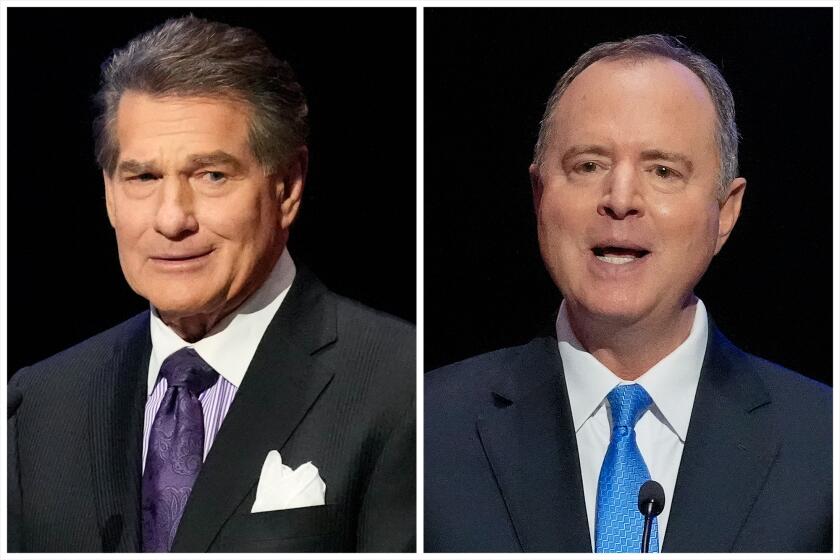 US Senate race candidates Steve Garvey, left, and Adam Schiff during a televised debate for candidates in the senate race to succeed the late California Sen. Dianne Feinstein, Monday, Jan. 22, 2024, in Los Angeles. (AP Photo/Damian Dovarganes)