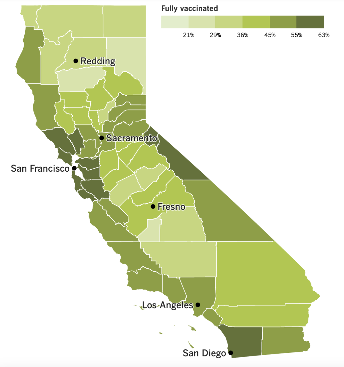 A map of California that shows COVID-19 vaccine coverage by county.