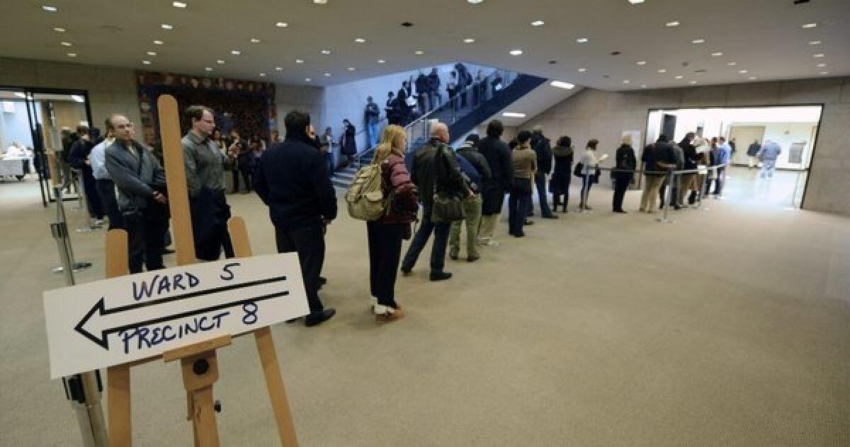 A long line to vote forms Tuesday morning in the main Boston public library.