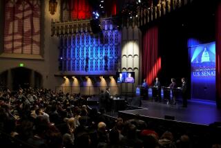 Candidates, from left, U.S. Rep. Barbara Lee, D-Calif., U.S. Rep. Adam Schiff, D-Calif., U.S. Rep. Katie Porter, D-Calif., and former baseball player Steve Garvey, stand on stage during a televised debate for candidates in the senate race to succeed the late California Sen. Dianne Feinstein, Monday, Jan. 22, 2024, in Los Angeles. (AP Photo/Damian Dovarganes)