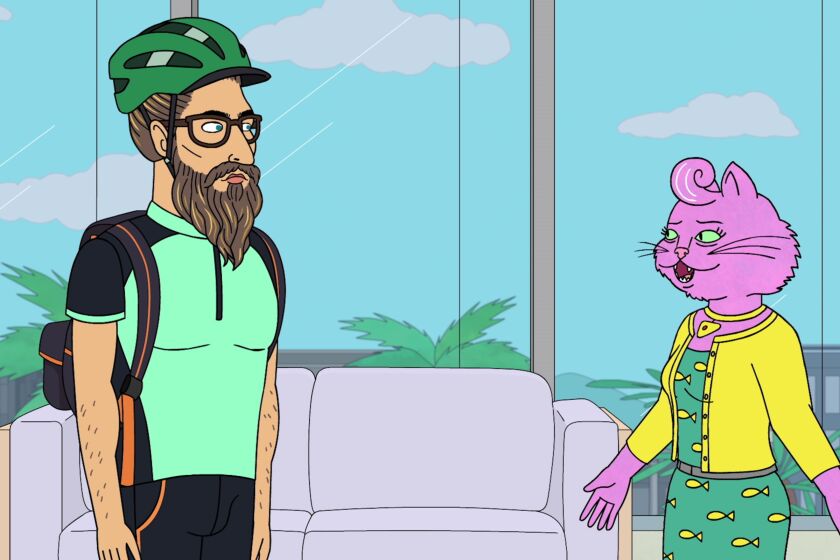 Talent agent Princess Carolyn (right), voiced by Amy Sedaris, meets with her former assistant, Judah, voiced by Diedrich Bader, in the new season of "BoJack Horseman."