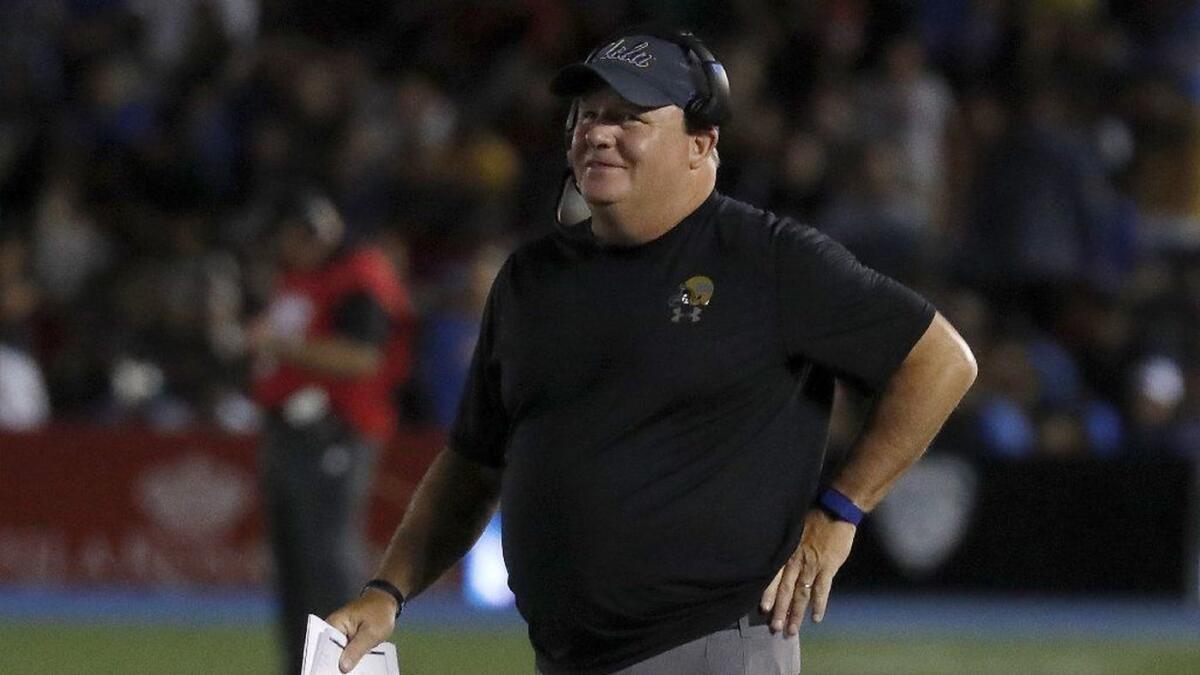 UCLA coach Chip Kelly watches his football team go down in defeat against Fresno State on Sept. 15 at the Rose Bowl.