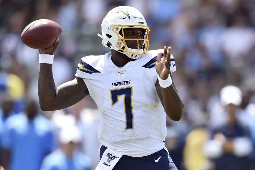 Los Angeles Chargers quarterback Cardale Jones (7) during the first half of a preseason NFL football game against the New Orleans Saints Sunday, Aug. 18, 2019, in Carson, Calif. (AP Photo/Kelvin Kuo )