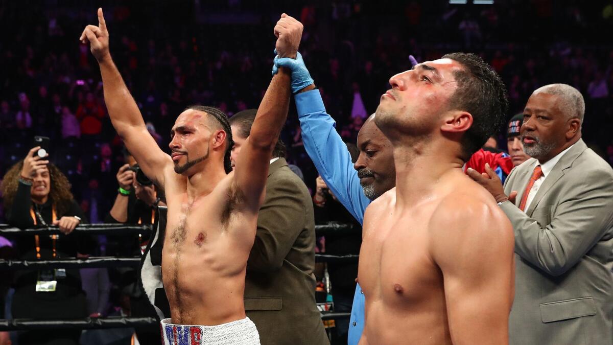 Keith Thurman celebrates his decision win against Josesito Lopez after their WBA welterweight title fight at the Barclays Center.