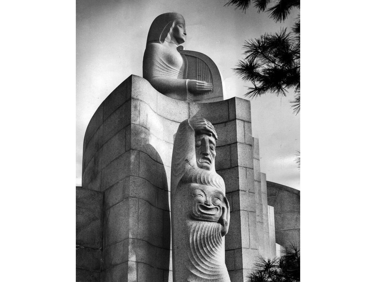 Nov. 28, 1955: Muse of Music, Dance, Drama statuary at entrance to the Hollywood Bowl.