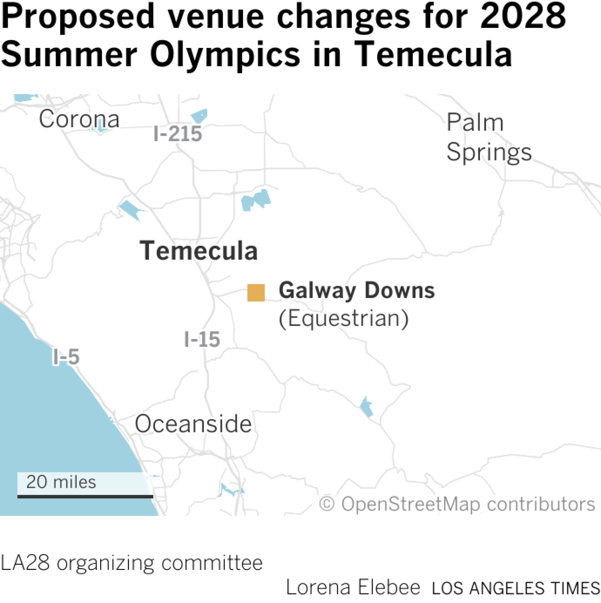 Map showing proposed venue changes for 2028 Summer Olympics in Temecula.
