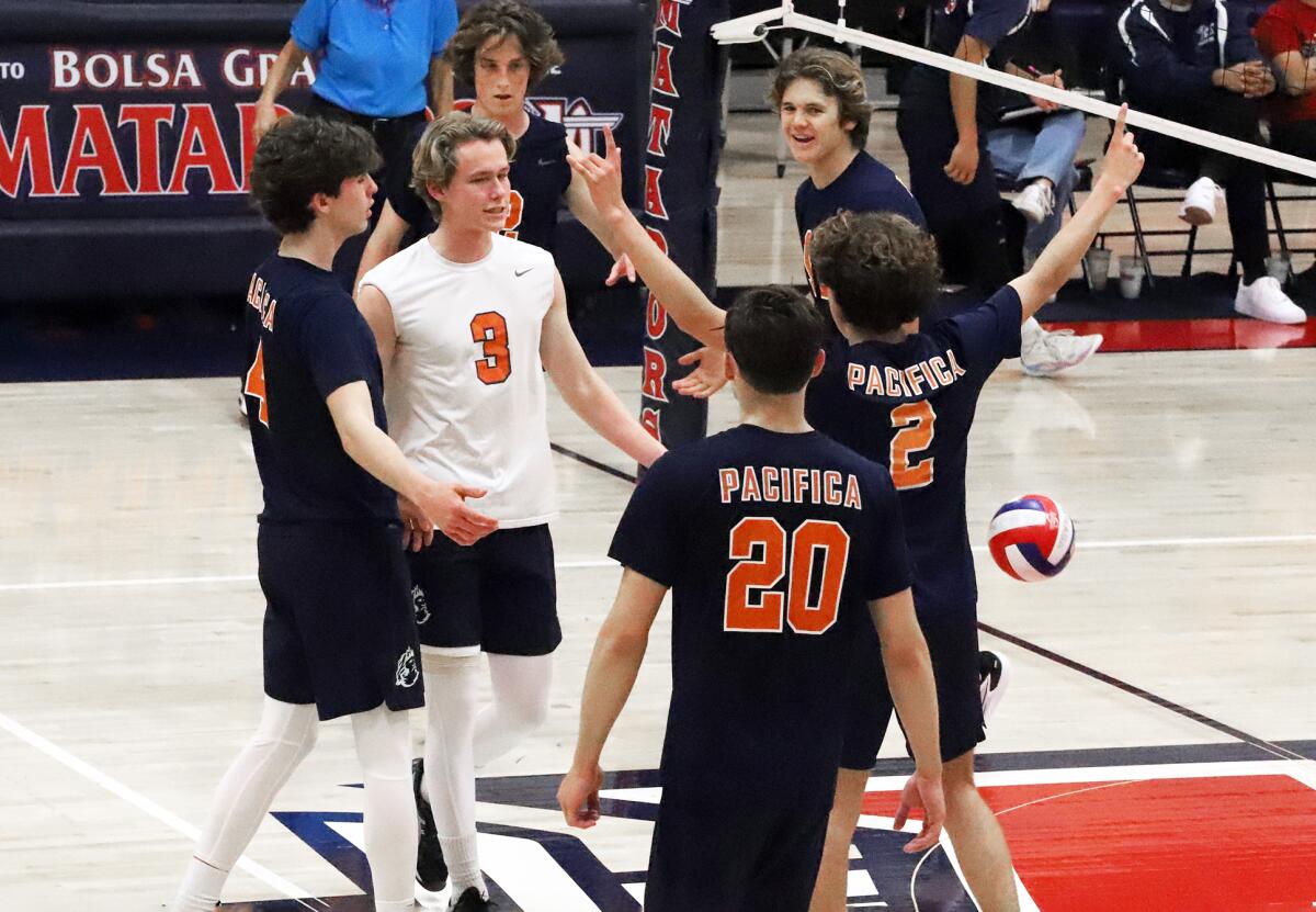 Pacifica Christian celebrates its win over Bolsa Grande in the first round of the CIF Southern Section Division 3 playoffs.