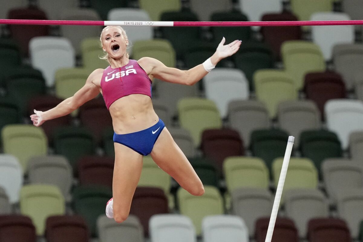Katie Nageotte pole-vaults at the Tokyo Olympics.
