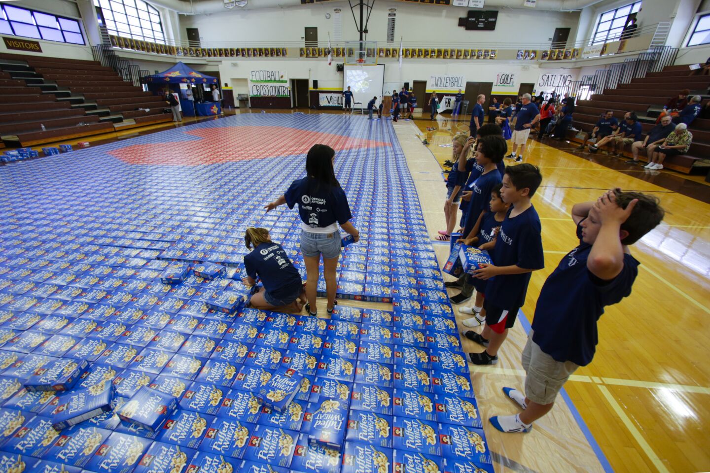 7th graders from Francis Parker School attempt to break the world’s largest cardboard box mosaic yesterday morning on Sunday.