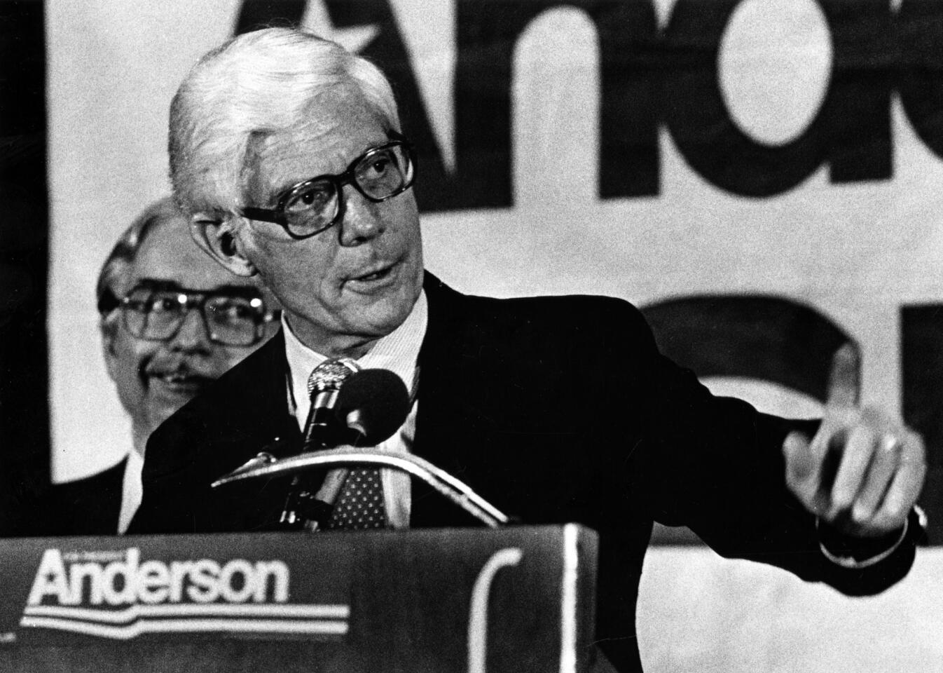 John B. Anderson holds a news conference at the Bismark Hotel in Chicago before walking down to the Daley Center and holding a rally on Sept. 23, 1980.
