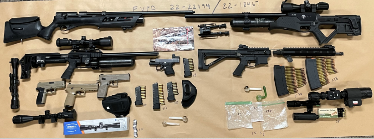 Guns and ammunition seized by Fountain Valley police.