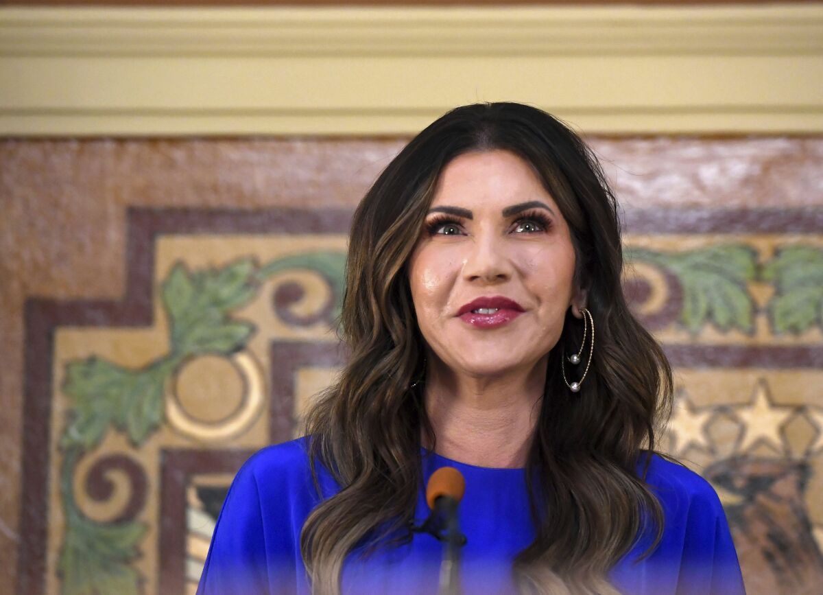 South Dakota Gov. Kristi Noem gives the State of the State address on Tuesday, Jan. 10, 2023, at the South Dakota State Capitol in Pierre, S.D. (Erin Woodiel/The Argus Leader via AP)