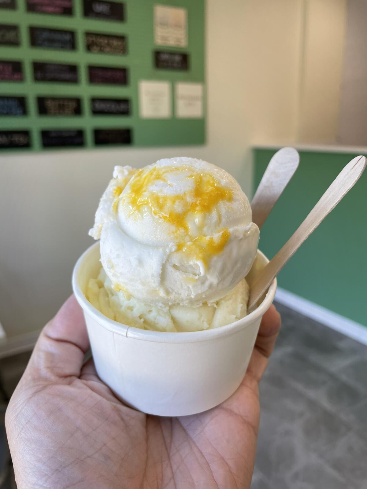 A regular serving at Sweets Scoops includes two scoops, this one with mango sticky rice and jackfruit.