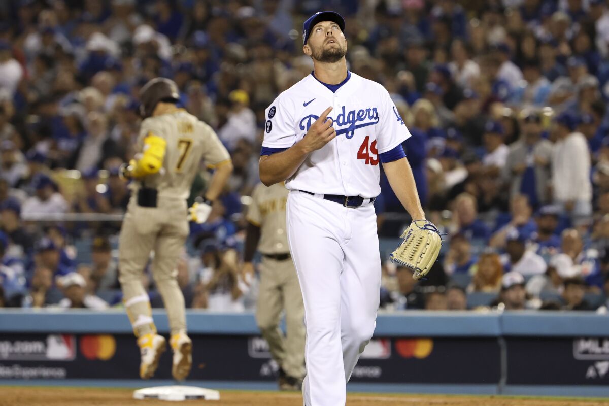 Dodgers reliever Blake Treinen reacts after Padres shortstop Ha-Seong Kim pops up on Oct. 12, 2022, at Dodger Stadium.