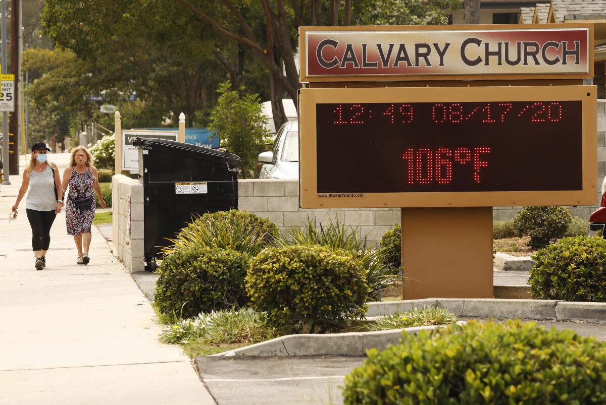 The thermometer at Calvary Church in Woodland Hills registers 106 degrees on Monday. 
