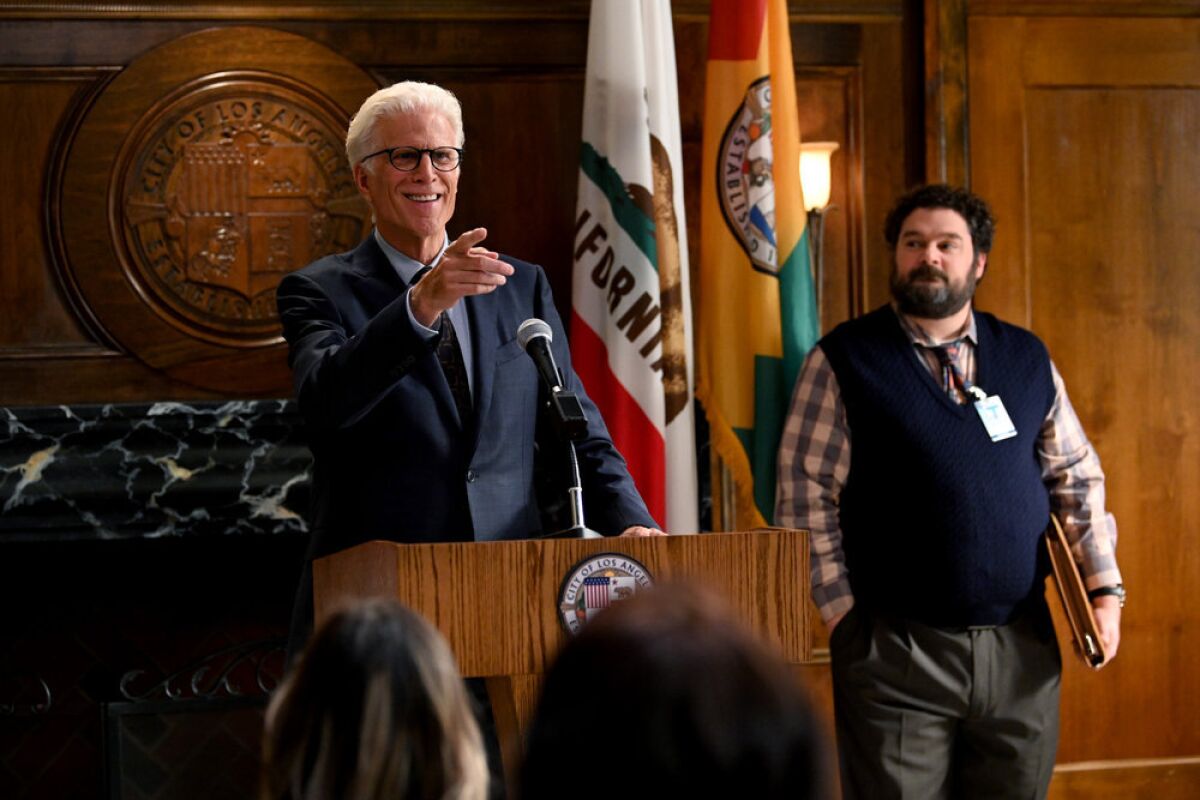 A scene from  NBC's "Mr. Mayor," which is one of the L.A.-based shows on hold due to the pandemic