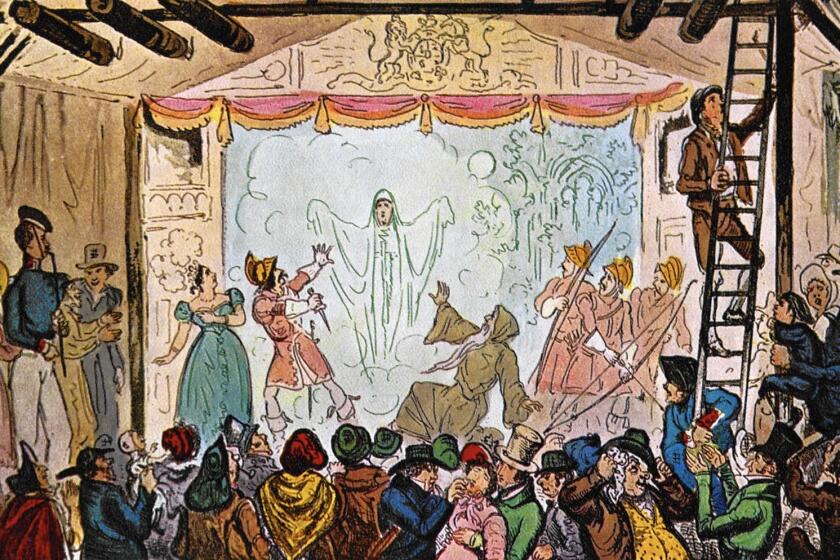 Bartholomew Fair as seen from the inside during a performance to a large crowd. Engraving by R Cruikshank, 19th century.