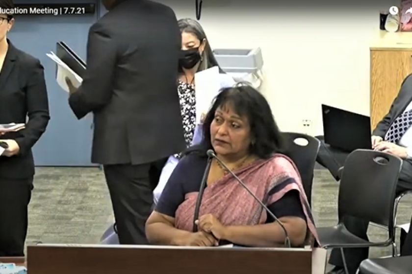 International School for Science and Culture founder Padmini Sirivasan addresses the Orange County Board of Education July 7.