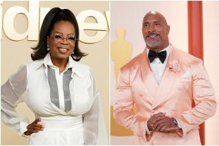 Split: left, Oprah wears a white dress with two silver stripes down the middle; right, Dwayne Johnson wears a pink suit