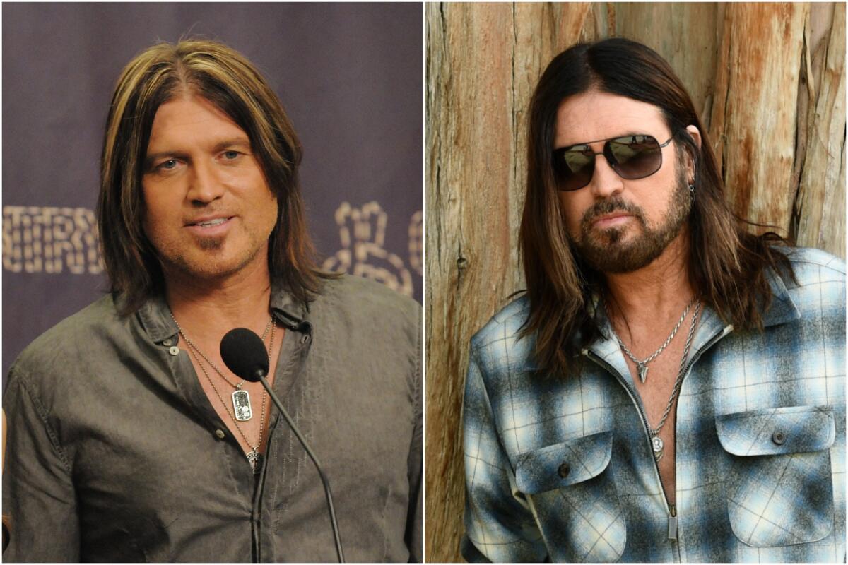 Separate photos of a younger Billy Ray Cyrus behind a mic  and an older Cyrus posing in sunglasses and plaid