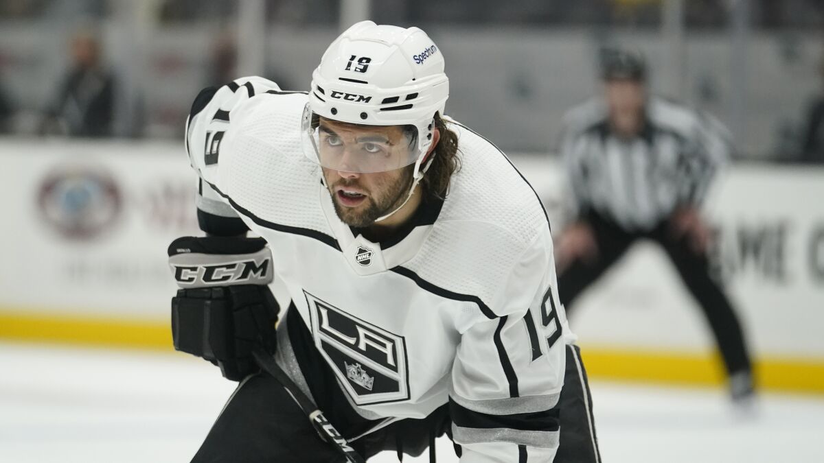 Kings left wing Alex Iafallo looks on during a game against the Ducks.