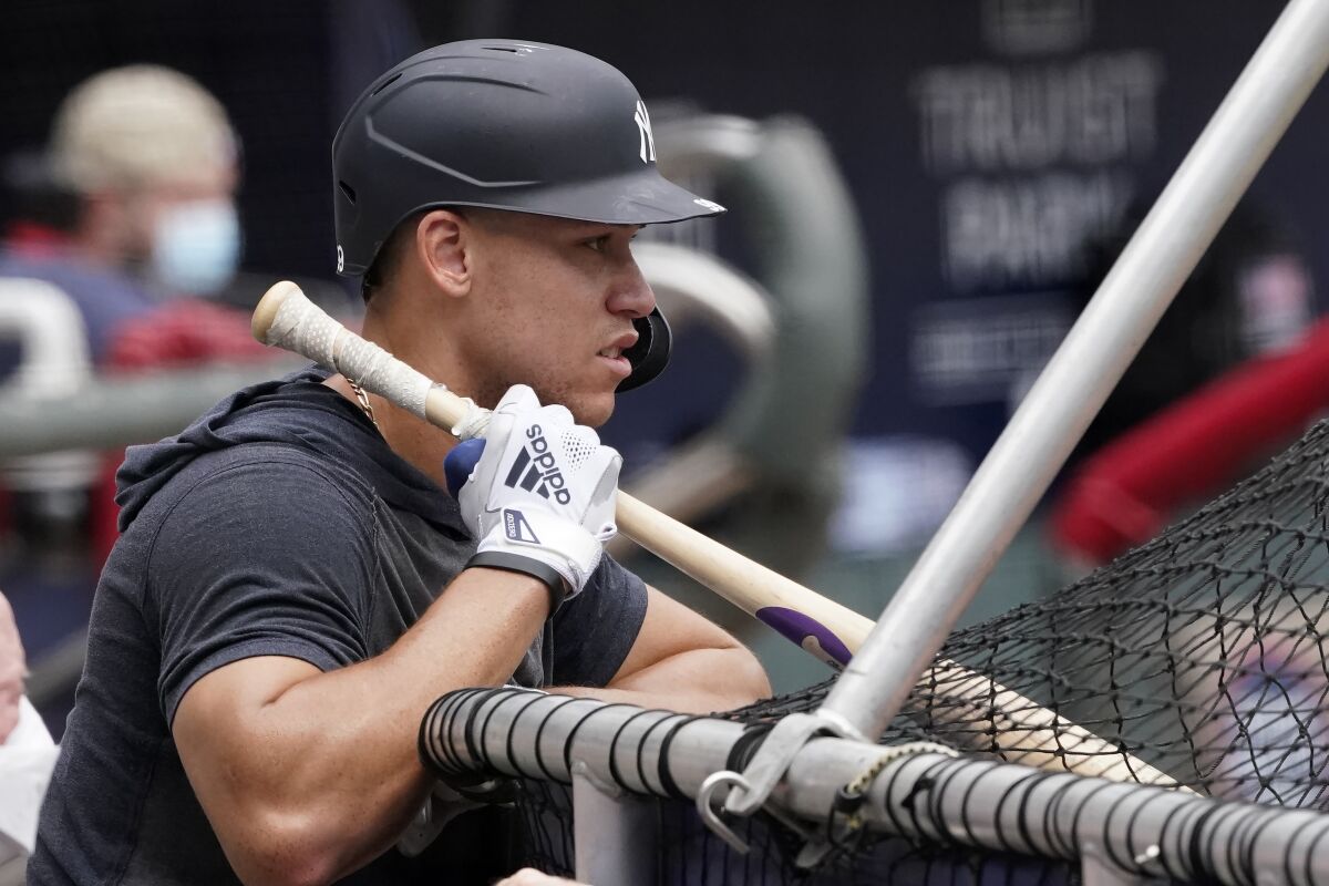 New York Yankees' Aaron Judge waits for his turn to hit during batting practice before a baseball game against the Atlanta Braves Wednesday, Aug. 26, 2020, in Atlanta. (AP Photo/John Bazemore)