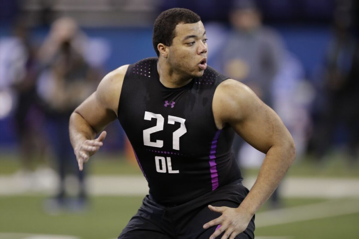 TCU offensive lineman Joe Noteboom runs a drill during the NFL scouting combine on March 2.
