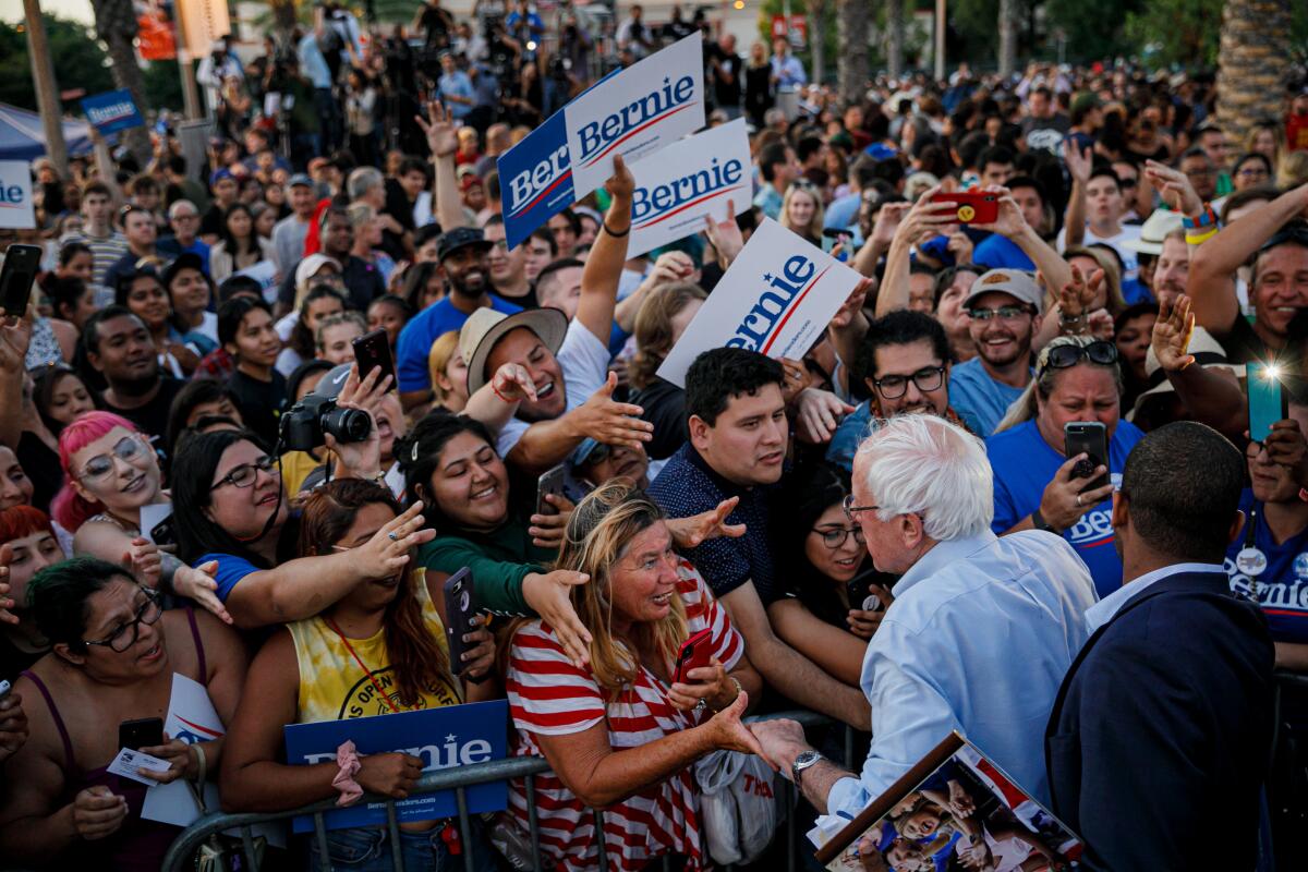 Sen. Bernie Sanders takes to the stage to address the 2019 California State Democratic Party Convention