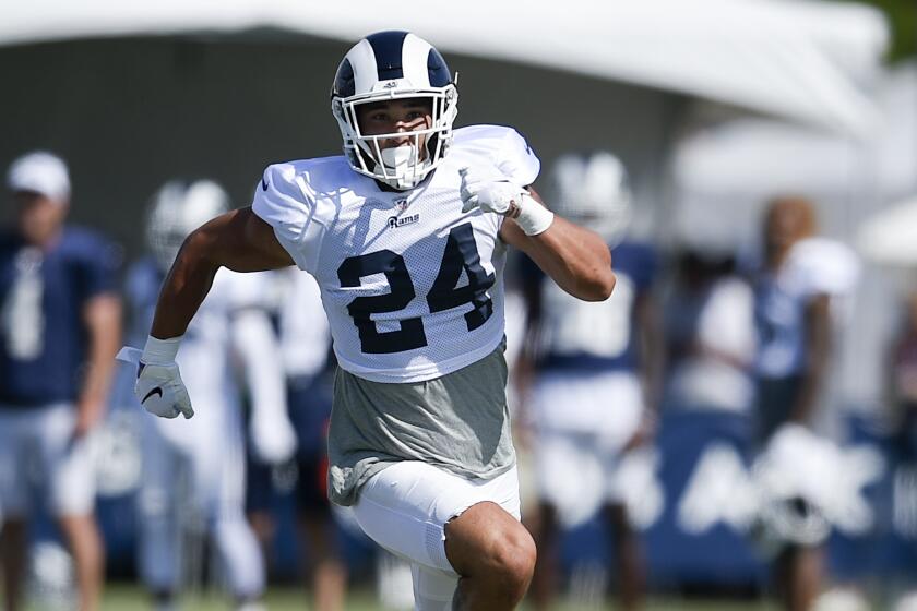 Los Angeles Rams safety Taylor Rapp during an NFL football training camp in Irvine, Calif., Tuesday, July 30, 2019. (AP Photo/Kelvin Kuo)