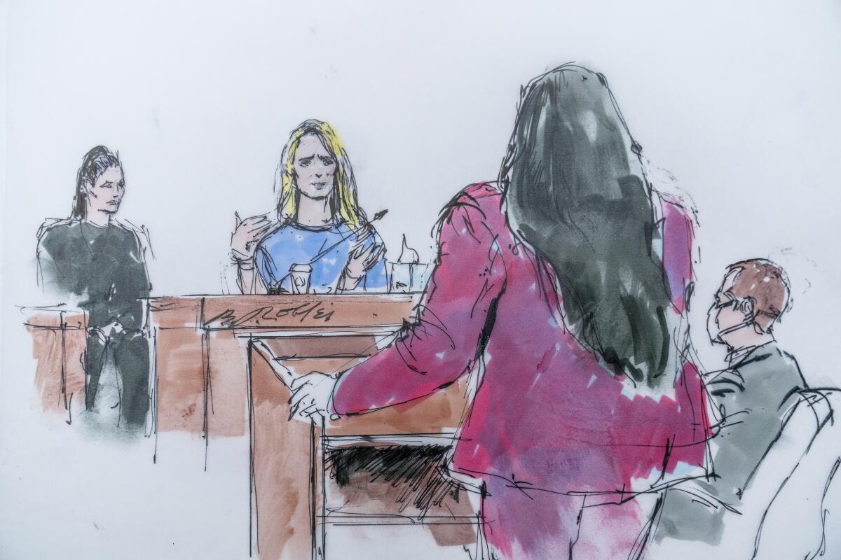 A courtroom sketch shows Jennifer Siebel Newsom taking the stand
