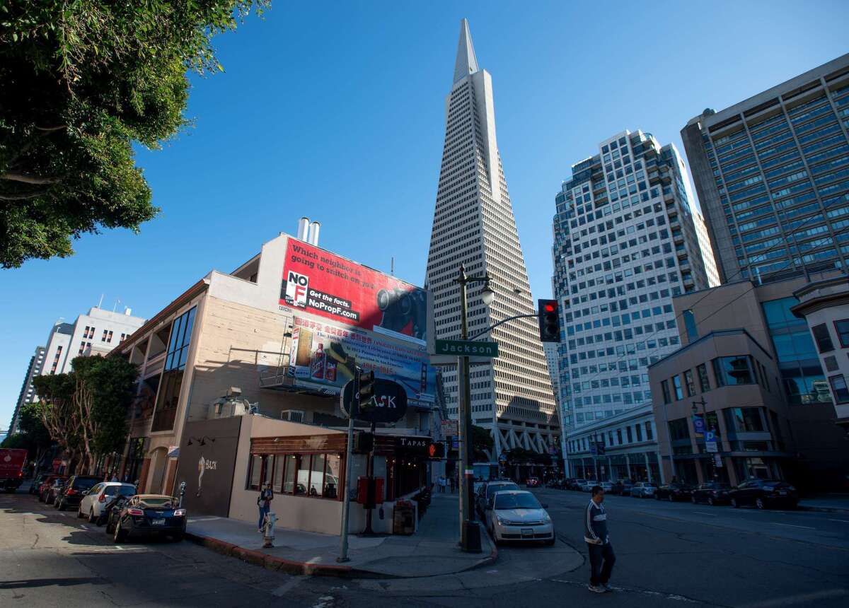 A billboard funded by Airbnb in downtown San Francisco urges opposition to Proposition F.