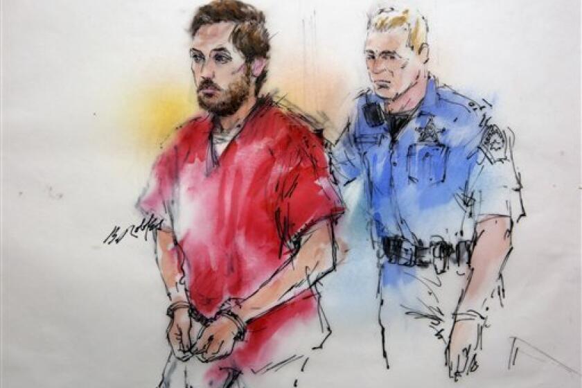 A sketch shows James Holmes, escorted by a deputy, arriving for a preliminary hearing in Centennial, Colo.