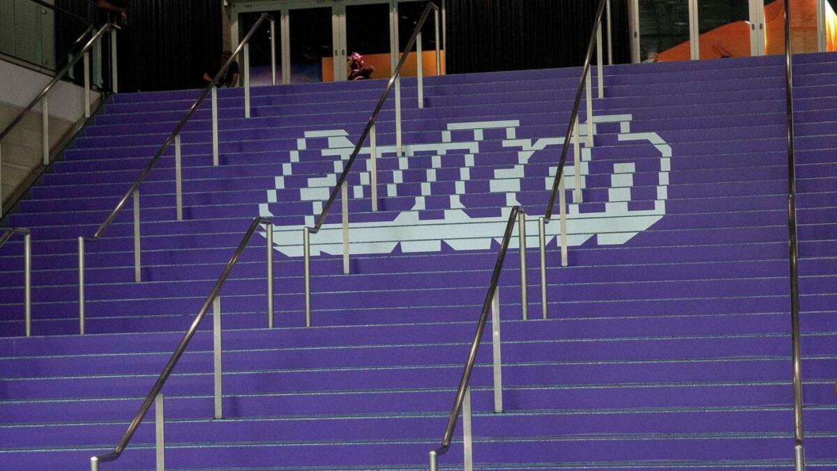 The Twitch logo adorns a staircase at the Los Angeles Convention Center during the E3 expo in June.