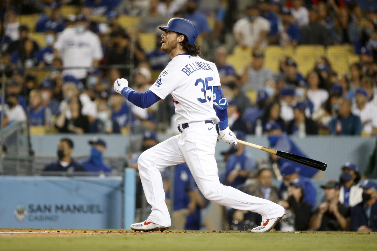 Los Angeles Dodgers center fielder Cody Bellinger (35) singles to right in the bottom of the second inning 