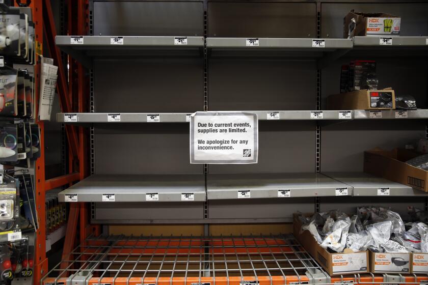 LOS ANGELES, CA-FEBRUARY 27, 2020: The shelves where valved respirators at a Home Depot in Alambra are empty on February 27, 2020 in Los Angeles, California. As people prepare for the coronavirus outbreak, stores have run out of protective masks. (Photo By Dania Maxwell / Los Angeles Times)