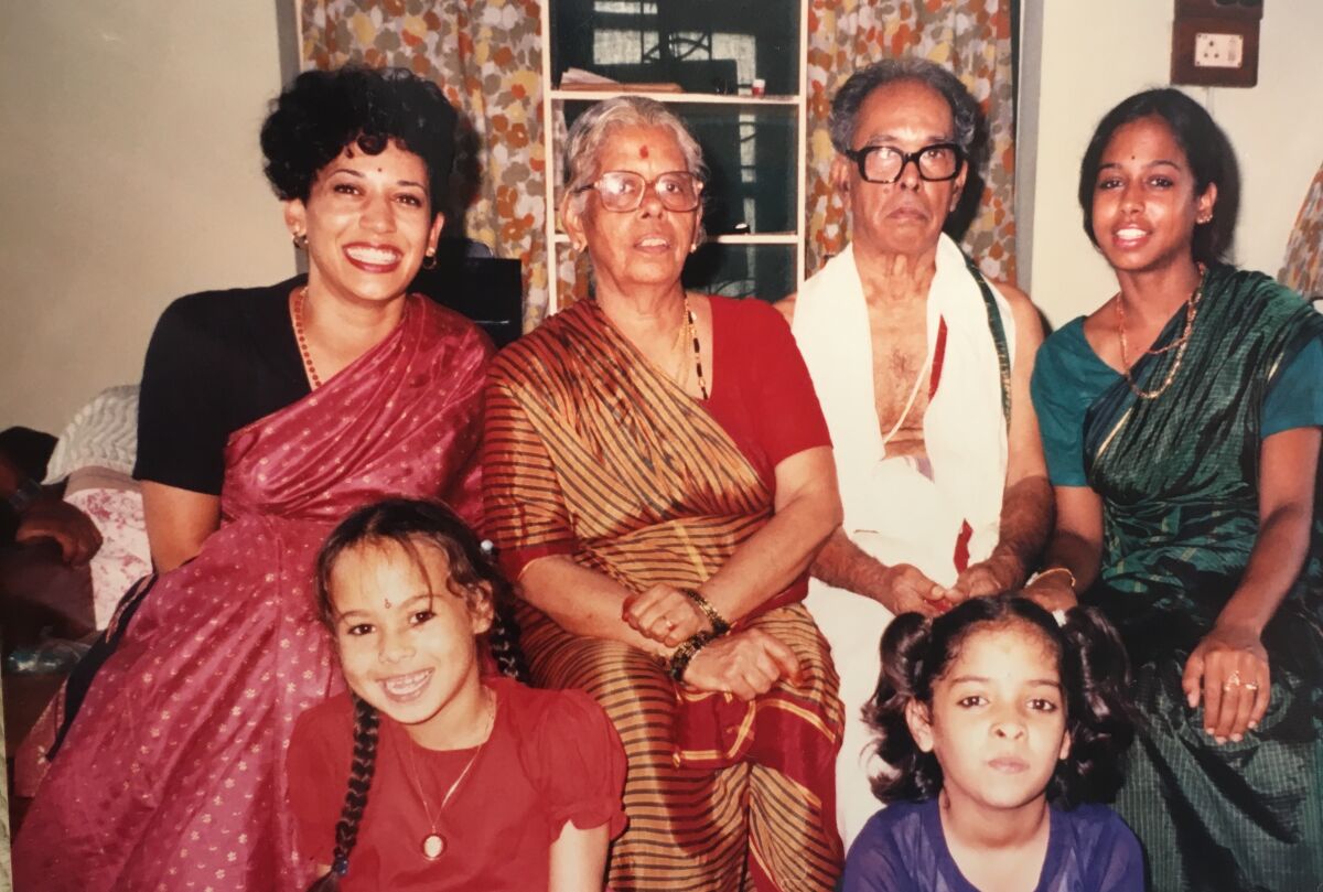 Kamala Harris, back row at left, in a family photo with her Indian grandparents.