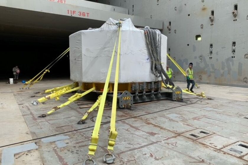 The first Central Solenoid module in the hold of the cargo ship being transported to the ITER nuclear fusion site in France.