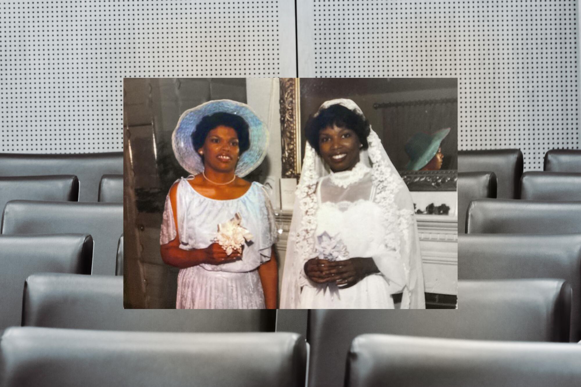 Color photo of bride and bridesmaid combined with a courtroom photo
