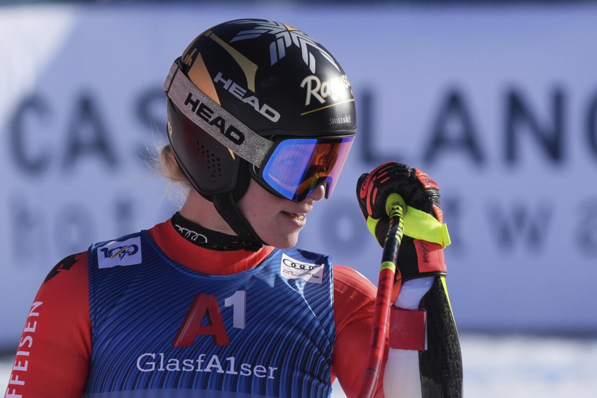 Switzerland's Lara Gut Behrami reacts after winning an alpine ski, women's World Cup super G race, in Altenmarkt-Zauchensee, Austria, Sunday, Jan. 14, 2024. (AP Photo/Giovanni Auletta)