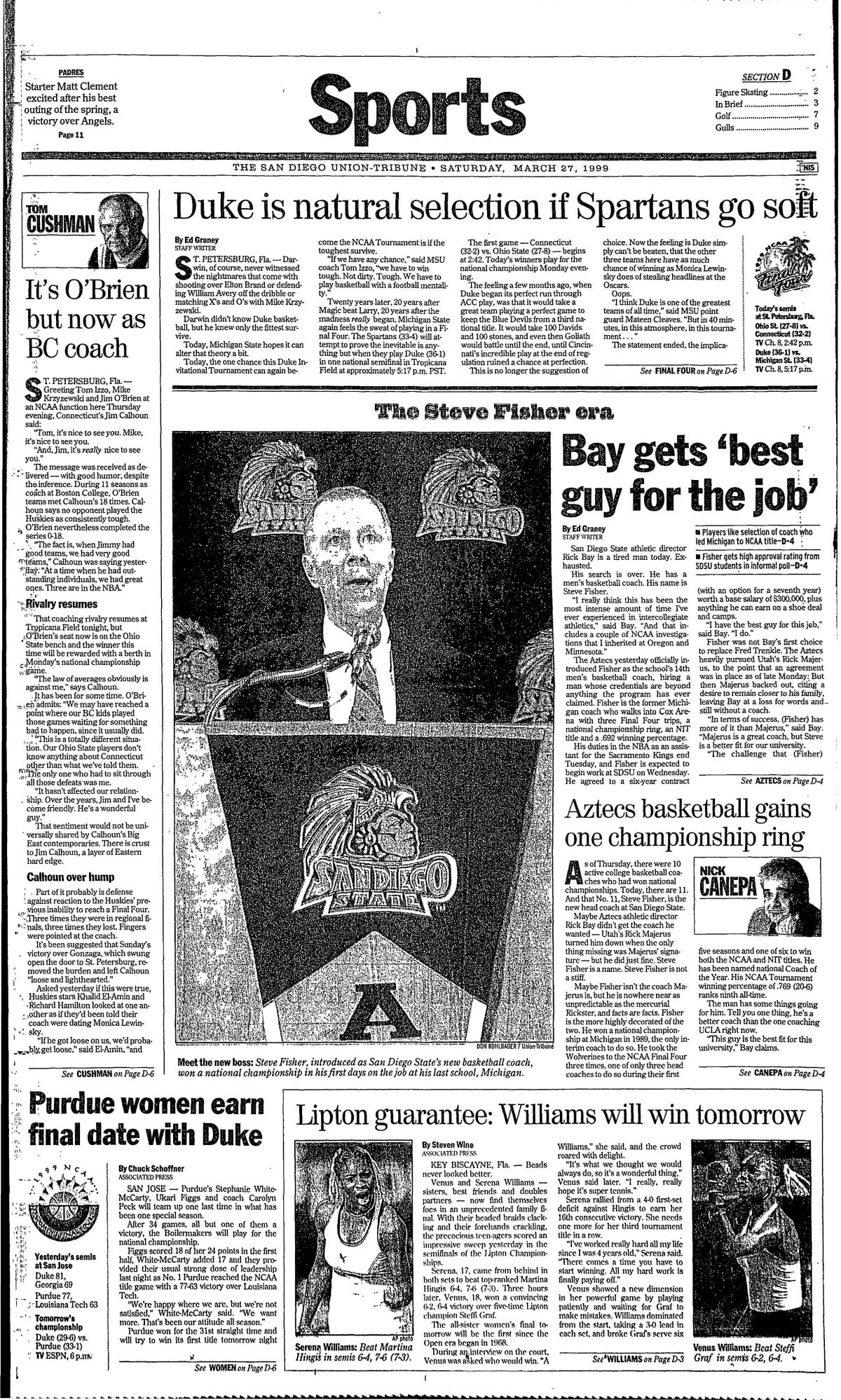 Front page of the Sports section of The San Diego Union-Tribune, March 27, 1999 