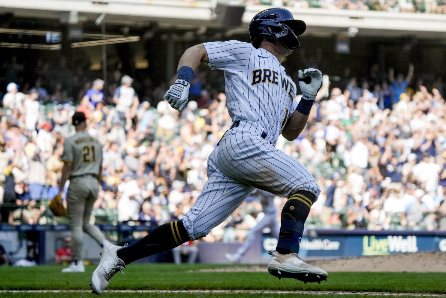 San Diego Padres' Gary Sanchez, right, is greeted by third base coach Matt  Williams after hitting a two-run home run during the second inning of a  baseball game against the Chicago Cubs